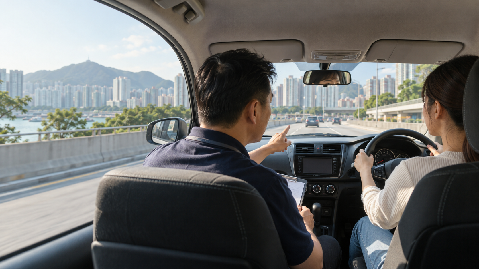 香港駕駛導師在私家車內指導學員行車